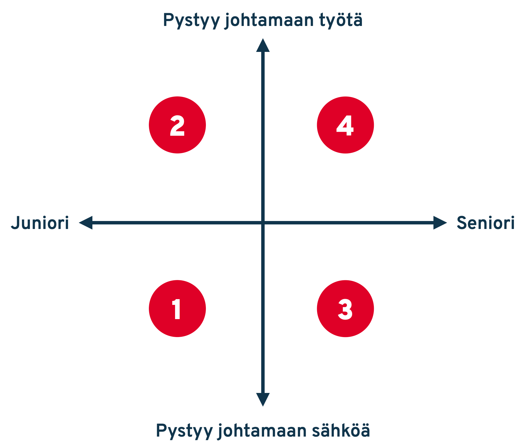 Nelikenttä, jossa kuvattuna rekrytoinnin kannalta olennaiset akselit. Vaaka-akselilla on substanssiosaaminen (juniori vs. seniori) ja pystyakselilla työnjohtamiskyky ("pystyy johtamaan työtä" vs. "pystyy johtamaan sähköä").